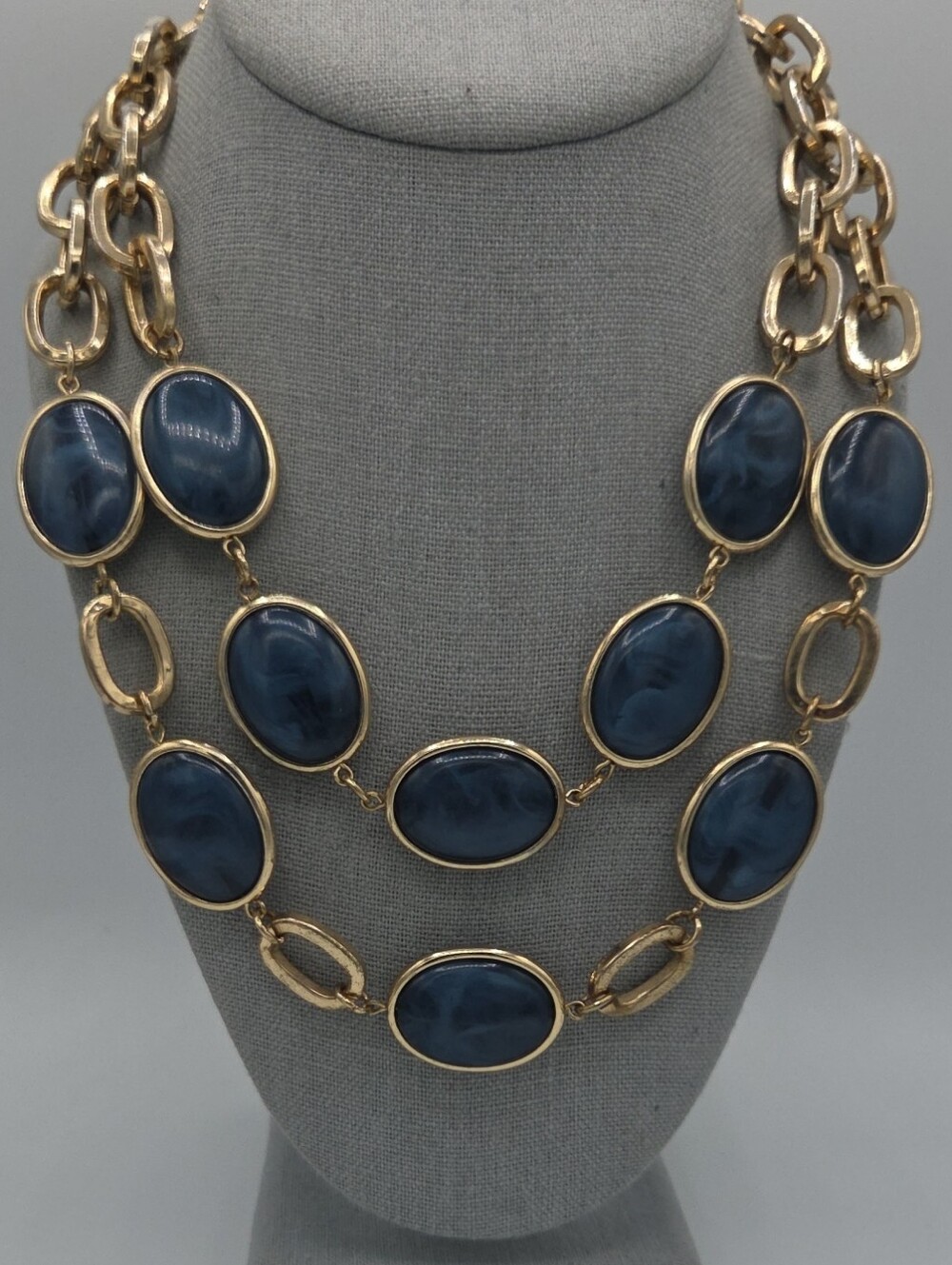 5 for $25! Talbots Gold Tone Chain Necklace with Navy Blue Oval Accents